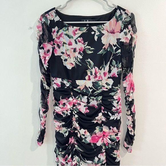 Lulus Ayana‎ Black Pink Floral Ruched Mesh Bodycon Dress SMALL - Picture 6 of 14